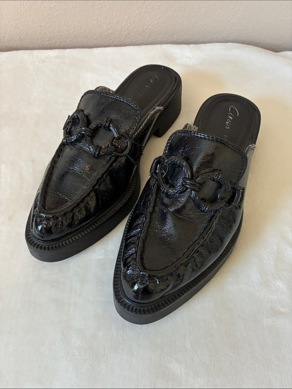 Circus NY Sam Edelman Size 6.5M Shiny Black Nancy Pointed Toe Mules Chain Detail